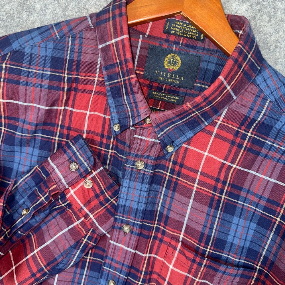 Viyella Button Down Shirt Mens XXL Red Blue Plaid Cotton Wool Traditional Fit